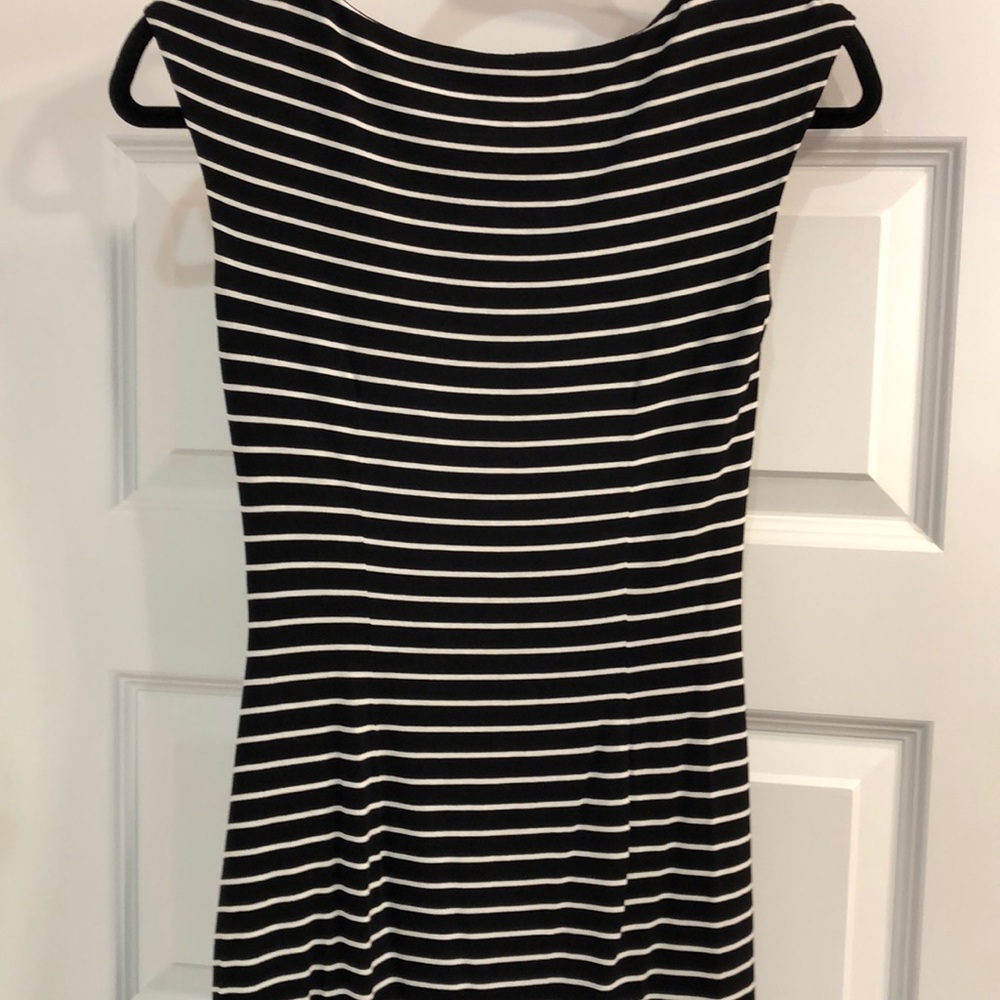 Loft Black & White Striped Gathered Midi Dress - Picture 4 of 5